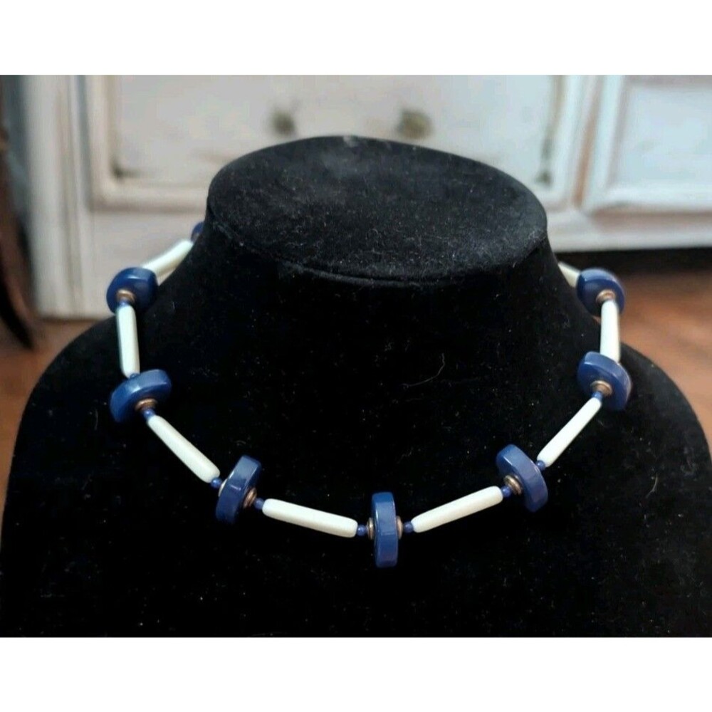 Miriam Haskell Blue Geometric Collar Necklace Tube Disk Beaded White Navy Luxury